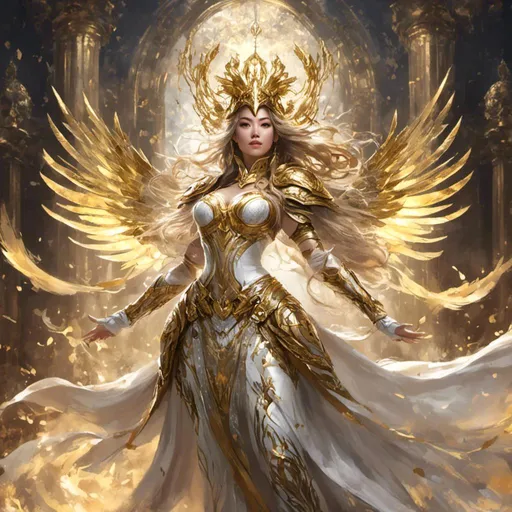 Prompt: A Amai Liu masterpiece in  <mymodel> artstyle, she is a goddess from the heavens, her golden and ivory armor tightly dress her, she has open arms and looks grave in her look to the camera, ray of lights are casting from her masterpiece in  <mymodel> artstyle, she is a goddess from the heavens, her golden and ivory armor tightly dress her, she has open arms and looks grave in her look to the camera, ray of lights are casting from her