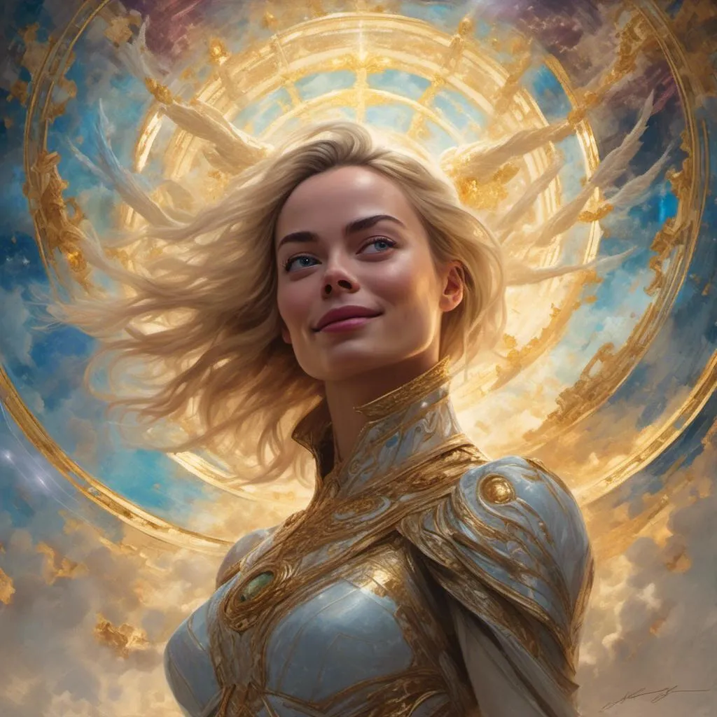 Prompt: portrait of Margot Robbie in <mymodel> style, ethereal being, super powers, nebula background, levitating, open arms, halo over head, intricate design, benevolence, good power, master piece, highly-detailed, ethereal, levitation, open arms, benevolent, intricate details, super powers, halo, high quality, masterpiece, <mymodel>, detailed, powerful, ethereal being