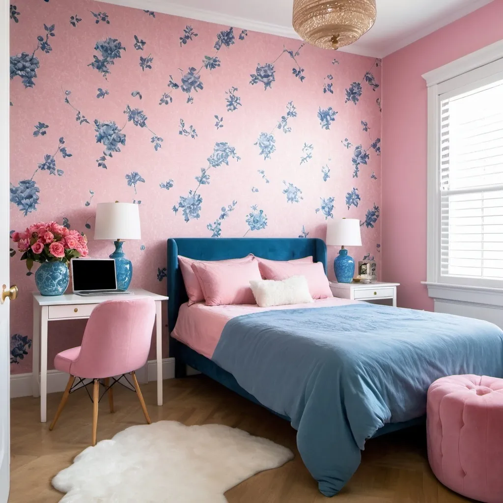 Prompt: Bedroom,  blue bed, pink wallpaper, desk and MacBook, pink vase