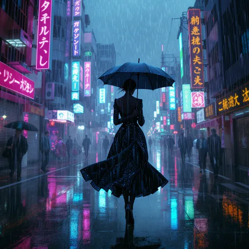 Prompt: ciudad futurista con estetica neon, mujer caminando bajo su lluvia con un paraguas tiene una silueta de modelo y un caminar hipnotico