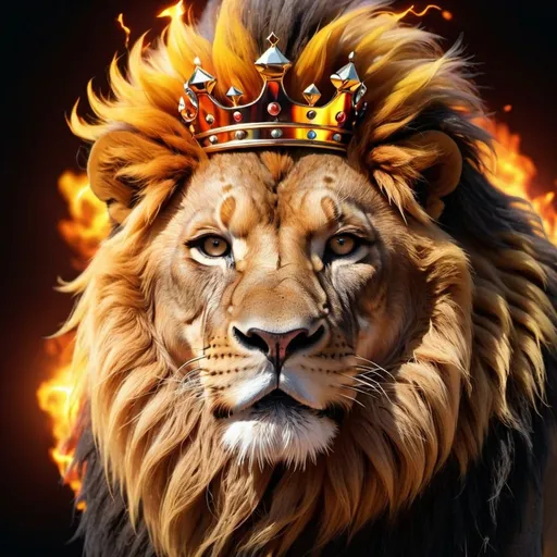 Prompt: Lion wearing electrifying fire mane and crown, looking slightly left, 4k HD resolution, graphics, high quality image, fiery mane, lightning mane, regal crown, intense gaze, electrifying atmosphere, high-res, detailed, realistic graphics, majestic lion, intense lighting, vibrant colors