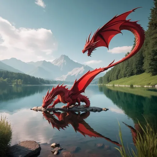 Prompt: A picture of nature with a lake and a red dragon 