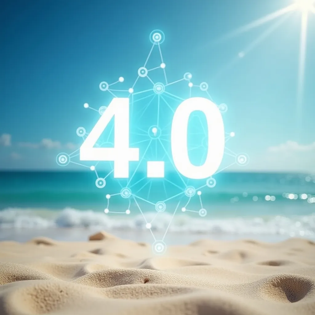 Prompt: craft an image highlighting the bright, happy, clean, fresh, and advanced nature of Industry 4.0 using beach background with island theme 
show elements connecting smart sensors.  NO text
