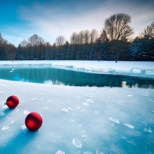 Prompt: frozen lake with Christmas balls

