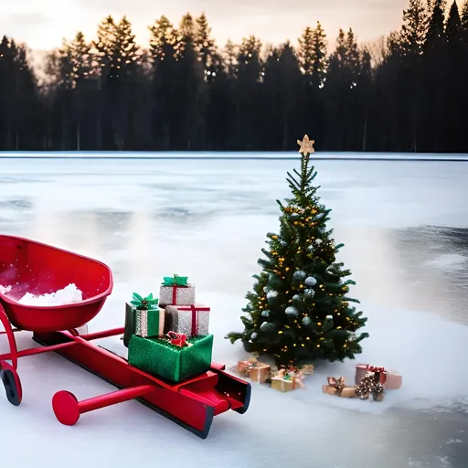Prompt: frozen lake with Christmas tree and sledge

