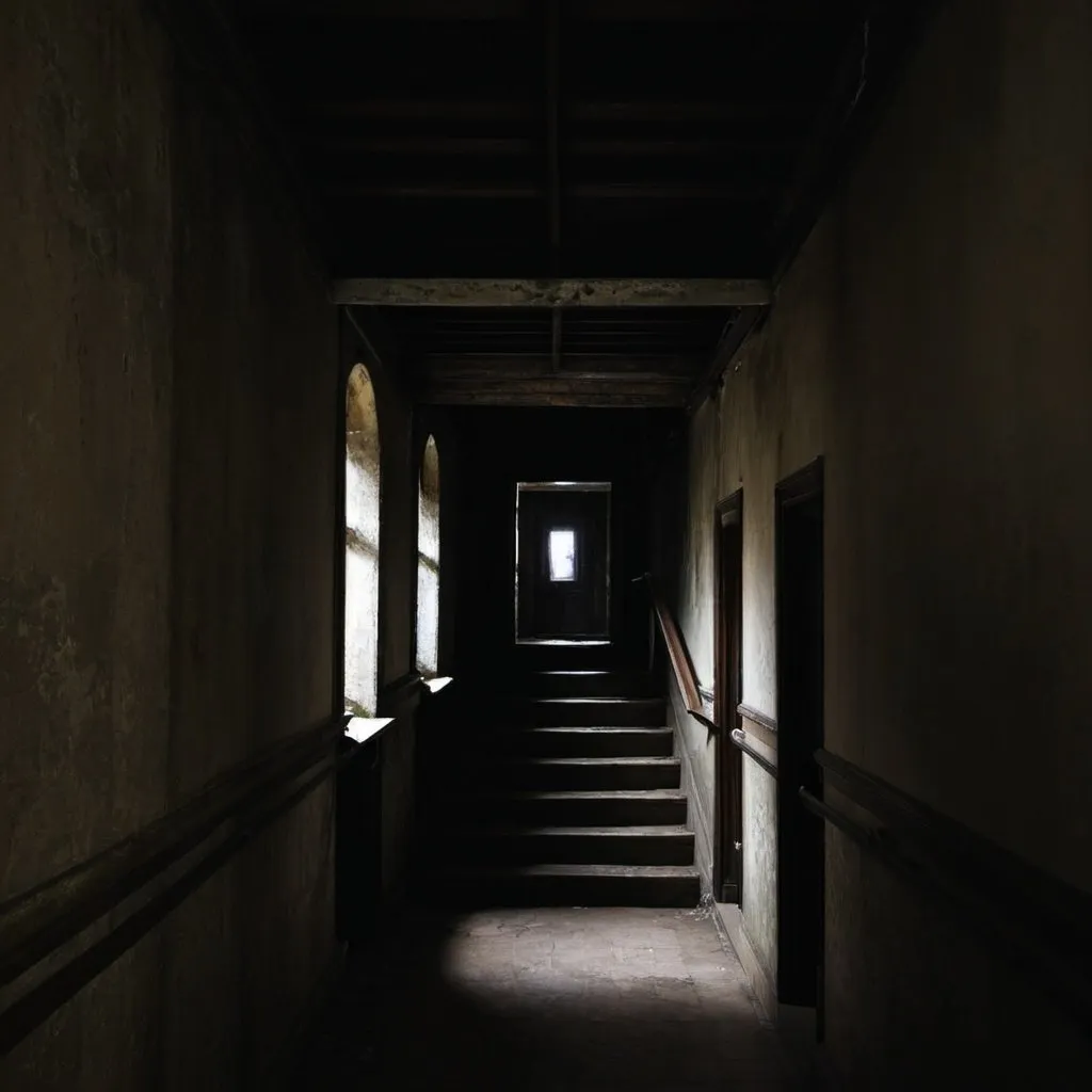 Prompt: old building staircase in dark corridor


