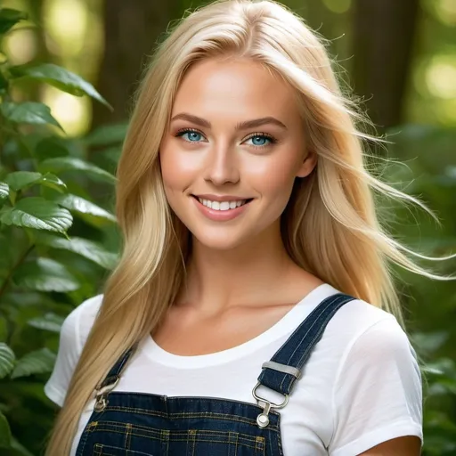 Prompt: A stunning portrait of a young Scandinavian beauty, with piercing blue eyes and long flowing blonde hair, beauty with dazzling smiles, wearing a white camisole under jeans overalls, green forests envelop the base, natural light highlights the features of the face, soft shadows on the contours of the face, vibrant contrast between warm skin tones and cool background hues, ultra clear composition, golden ratio, dramatic lighting.