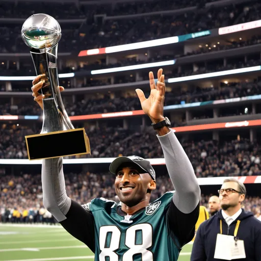 Prompt: generate a picture of kobe bryant in a Philadelphia eagles football uniform holding up the Vince Lombardi Trophy because he just won a superbowl