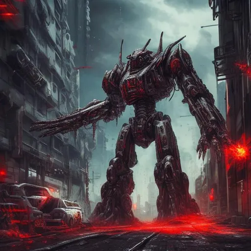 Prompt: Solo mecha in modern style, chaotic buildings, cinematic lighting, highres, big sea monster covered in blood, futuristic, detailed robot design, intense and dramatic atmosphere, cityscape, mechanical details, urban warfare, action-packed scene, high quality, modern, futuristic, chaotic, dramatic lighting