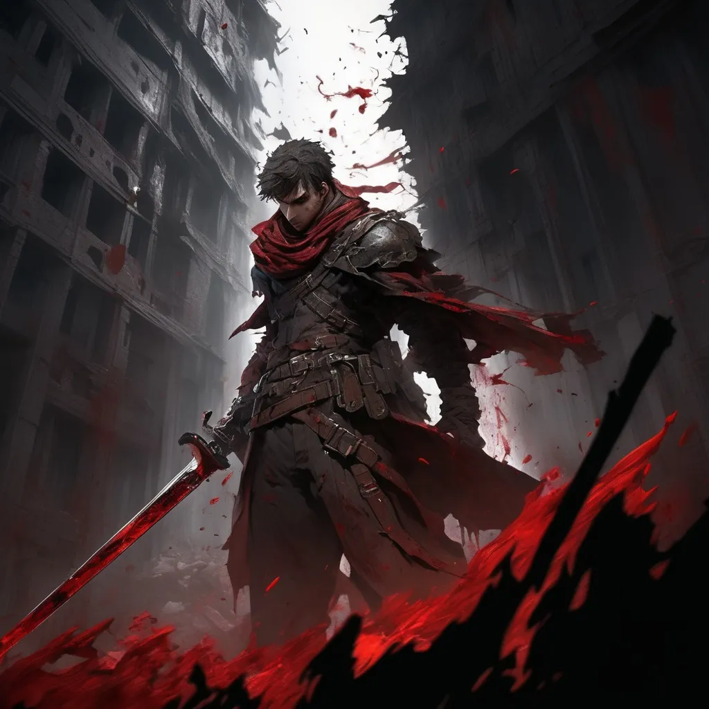 Prompt: Solo adventurer in chaos, blood-covered big building, gazing back, anime, detailed sword, dramatic lighting, highres, adventure costume, urban fantasy, long sword, intense gaze, blood-covered building, chaotic atmosphere, detailed design, dramatic pose, urban setting