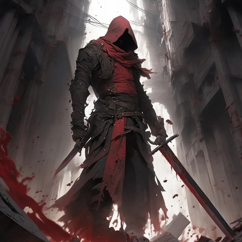 Prompt: Solo adventurer in chaos, blood-covered big building, gazing back, anime, detailed sword, dramatic lighting, highres, adventure costume, urban fantasy, long sword, intense gaze, blood-covered building, chaotic atmosphere, detailed design, dramatic pose, urban setting