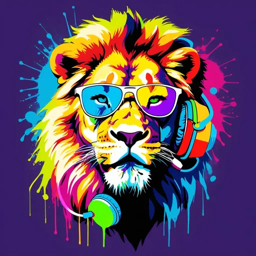 Prompt: A bansky style T-Shirt Design, , The picture shows a lion with sunglasses.The lion is wearing colorful, eye-catching headphones. Surrounding the lionare colorful splashes of neon colors, such as green, purple  blue red and yellow. The style of the design is reminiscenOooht of a colorful bansky graffiti.