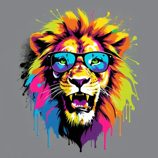 Prompt: A bansky style T-Shirt Design, , The picture shows a lion with sunglasses.The lion is wearing colorful, eye-catching headphones. Surrounding the lionare colorful splashes of neon colors, such as green, purple  blue red and yellow. The style of the design is reminiscenOooht of a colorful bansky graffiti.