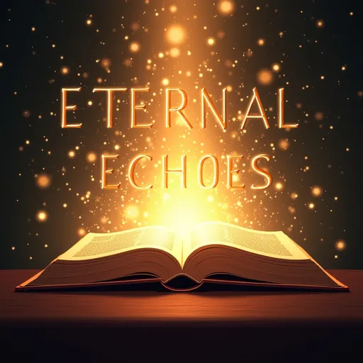 Prompt: “Create a captivating and serene illustration for a YouTube channel called 'Eternal Echoes.' The design should feature an open, ancient-looking book surrounded by ethereal light and swirling wisps that symbolize the timeless nature of stories. Include faint images of iconic scenes from various holy scriptures, such as a peaceful landscape, a silhouette of a prophet, or symbols of hope and wisdom like a dove or olive branch. Use warm, inviting colors to evoke inspiration and a sense of enlightenment. The title 'Eternal Echoes' should be prominently displayed in an elegant font, suggesting a connection to the divine and the transformative power of storytelling.”