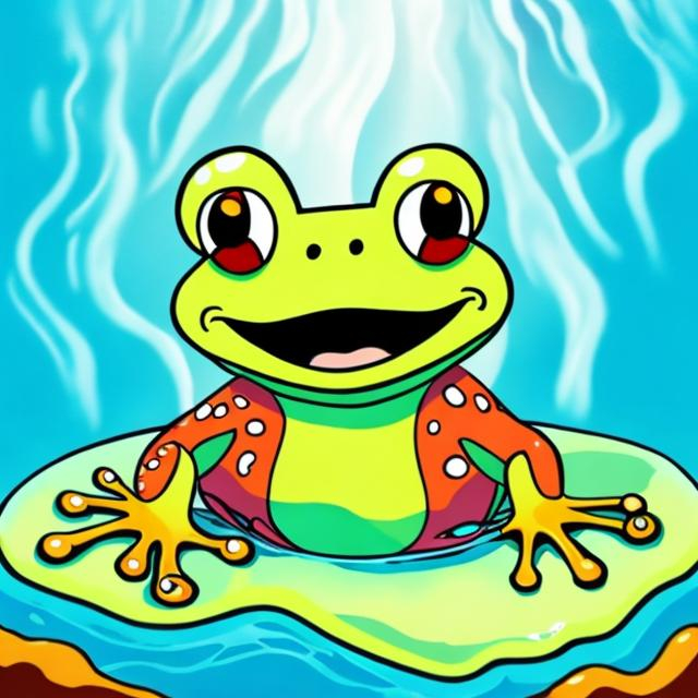 Prompt: frog wearing a swimsuit about to dive into a pool of lava