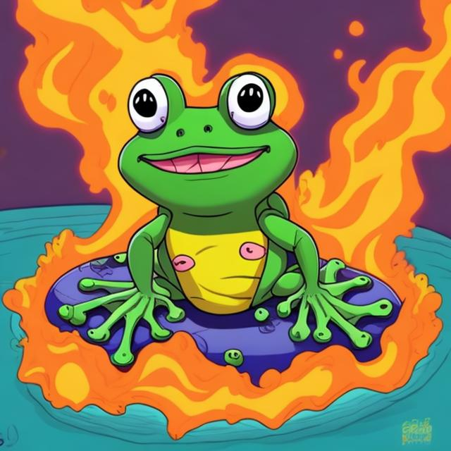 Prompt: frog wearing a swimsuit about to dive into a pool of lava