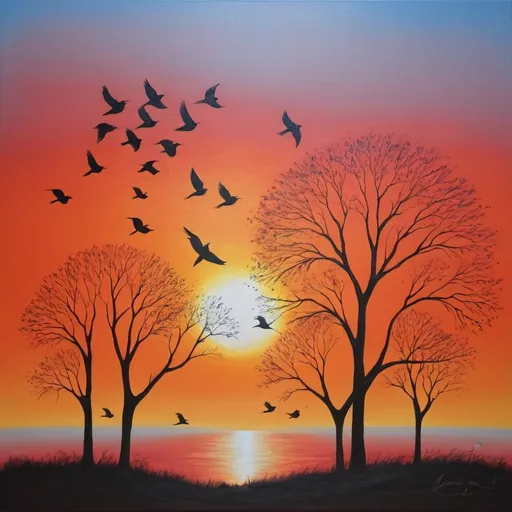 Prompt: dawn with birds painting