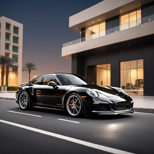 Prompt: Black Porsche 911 in Kuwait street, high-definition, realistic, luxurious car, urban setting, clear skies, high-quality, professional rendering, modern, sleek design, detailed reflections, vibrant city kuwait towes 
 lights, realistic shadows, street view, luxury car, luxury lifestyle, premium quality, HD, vivid colors, urban, professional rendering