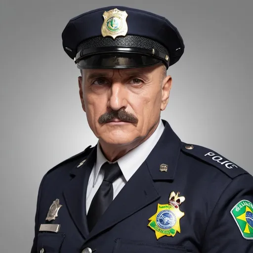 Prompt: create an image of a Brazilian police chief named Aílton. Aílton is 55 years old, bald with brown hair on the sides of his head and a brown mustache. He resembles the character played by Robert Duvall in the movie 'Falling Down'. Aílton dresses like a typical Brazilian police chief, wearing a formal suit or police uniform, and has a serious and authoritative expression.