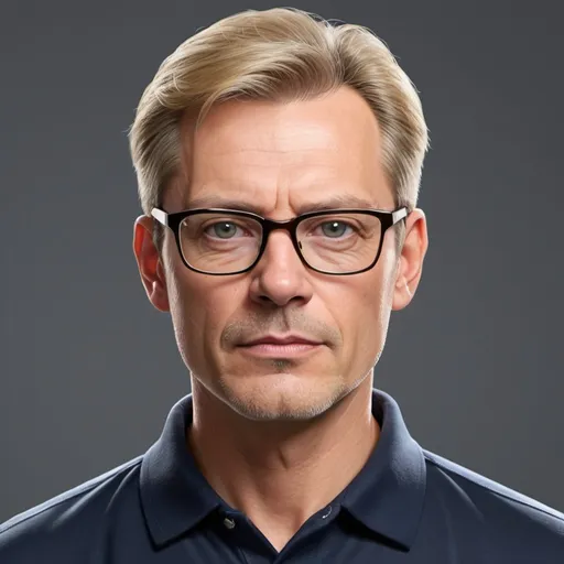 Prompt: Create of a private school director from. He is around 45 years old, wears prescription glasses, has straight hair styled in a slightly golden blonde pompadour, and is dressed in a polo shirt. The illustration should capture his serious expression, with dark eyes.