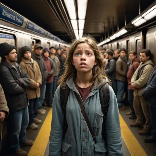 Prompt: A homeless girl standing on a crowded NY subway platform during rush hour, facing forward, her eyes full of wonder, looking up and out, as the crowd moves behind her a bit out of phocus, photorealistic, cinemtaic lighting