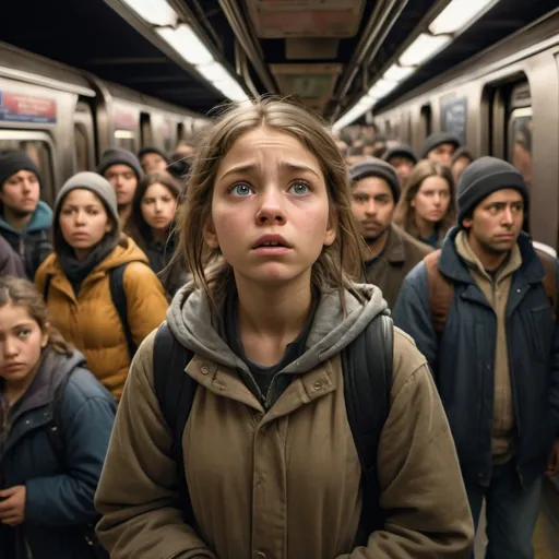 Prompt: A homeless girl standing on a crowded NY subway platform during rush hour, facing forward, her eyes full of wonder, looking up and out, as the crowd moves behind her a bit out of phocus, photorealistic, cinemtaic lighting