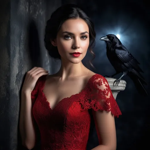 Prompt: Portrait of a Pretty woman, high quality, ethereal, atmospheric lighting,photorealistic ,dynamic lighting,lace background, intricate red dress,dramatic pose,midnight setting, raven-haired 