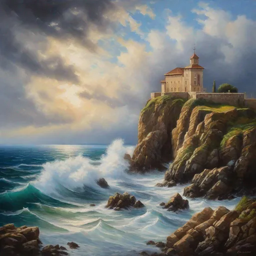 Prompt: Ocean view from a castle, oil painting, crashing waves against rocks, dramatic clouds, high quality, realistic, detailed brushwork, traditional, majestic architecture, cool tones, natural lighting