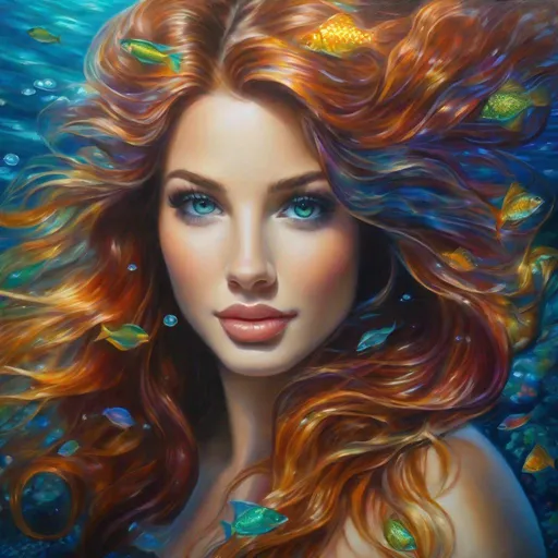 Prompt: Realistic oil painting of an enchanting mermaid, vibrant ocean colors, sparkling scales and iridescent tail, flowing underwater hair, mesmerizing gaze, detailed facial features, oil painting, aquatic beauty, high quality, realistic, oceanic, vibrant colors, detailed scales, iridescent, flowing hair, enchanting, professional, ethereal lighting