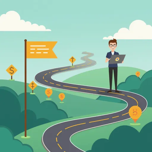 Prompt: a road that flows showing financial analytic knowledge progression from beginner to expert
