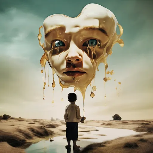 Prompt: Salvador Dalí style vision, surrealist, dreamlike, precise, melting Young boy holding large teddy but both are melting