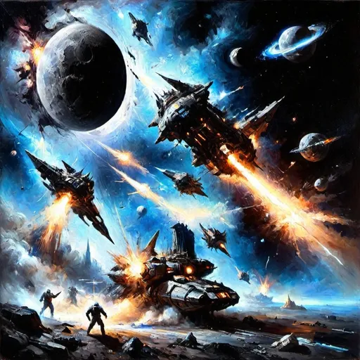 Prompt: colossal cosmic battle, futuristic space warships clashing in epic combat, partially destroyed moon with exposed metal beams and foundations, ethereal low moonlight casting dramatic shadows, swirling galaxies in the background, sparks and debris flying, sci-fi atmosphere, high detail, dynamic composition, ultra-detailed, cinematic quality.