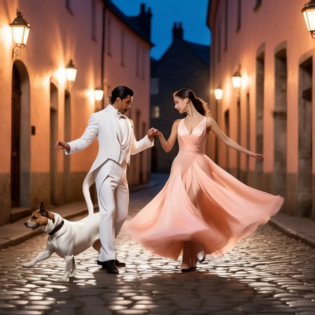 Prompt: Male and female adult dogs male dressed in a  white  tux and female dressed in long flowing peach  coloured dress dancing ballroom in a cobble stone empty street the scene is dreamy enchanted. And lamp lit light