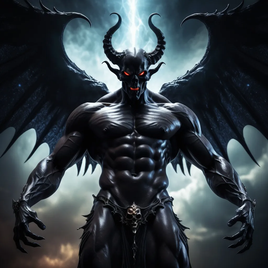 Prompt: Epic ancient demon of death, powerful figure with angelic black shiny wings, muscular arms extended upward towards the sky, surrounded by an ethereal, devilish dark cosmic glow, intense dramatic lighting, high contrast between light and shadow, moody ambiance, ultra-detailed, high definition – a captivating blend of the celestial and the infernal.