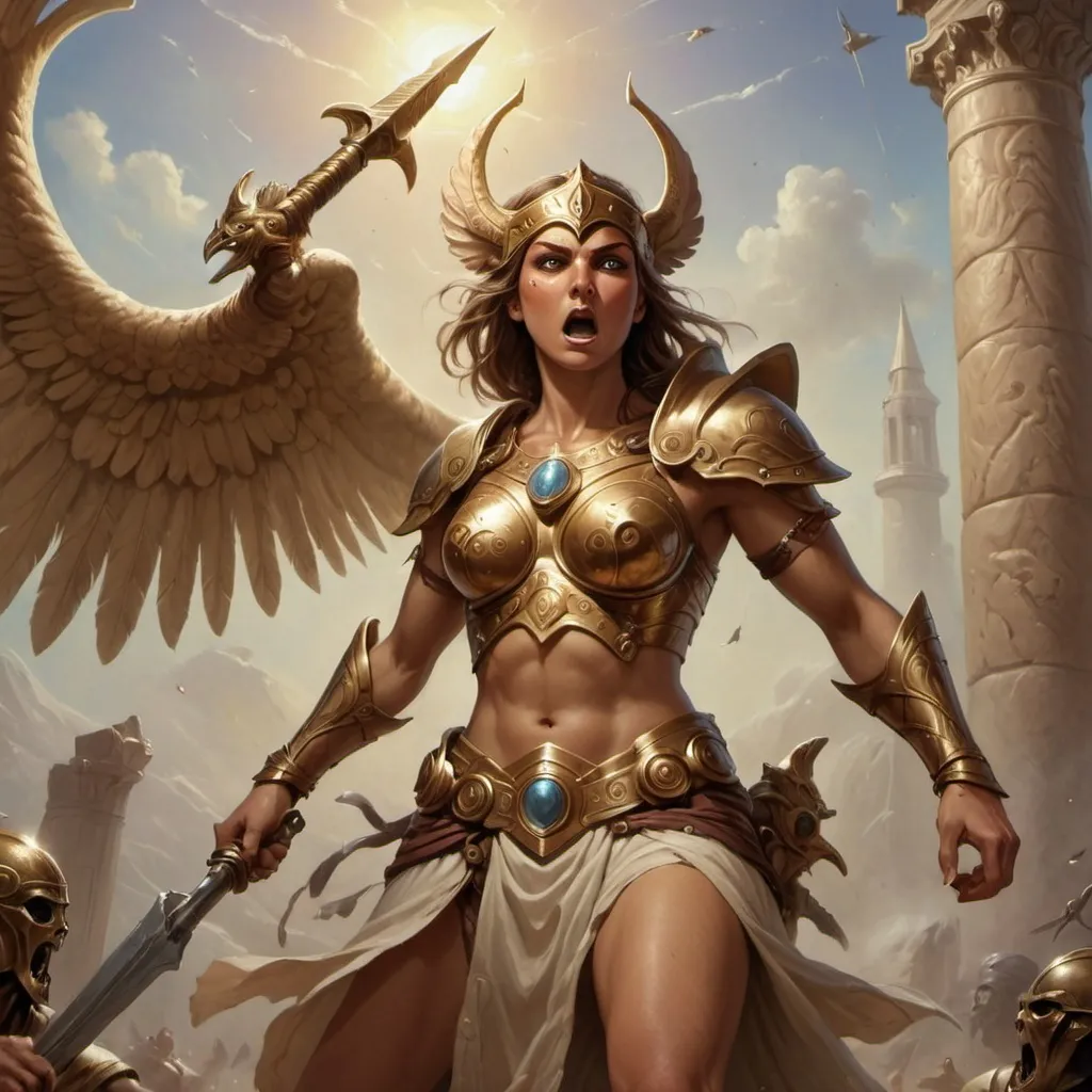Prompt: A epic fight between a Athena. Warrior. And a monster. Set in ancient Athans