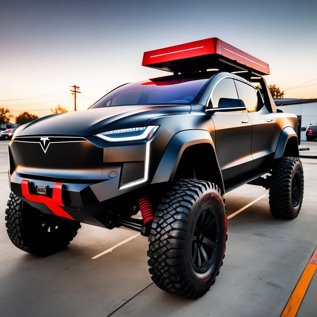 Prompt: Tesla cyber truck black super modifications. Cameras on roof bull bar
 , with red sticky tape hanging off all corners natural lighting