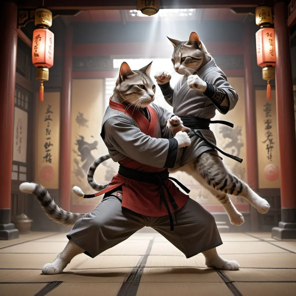 Prompt: Two muscular. Cats fighting each other. Dressed. In oriental Japanese. Martial. Arts gear set in old temple doing martial art moves in lamp lit light