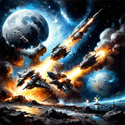 Prompt: colossal cosmic battle, futuristic space warships clashing in epic combat, partially destroyed moon with exposed metal beams and foundations, ethereal low moonlight casting dramatic shadows, swirling galaxies in the background, sparks and debris flying, sci-fi atmosphere, high detail, dynamic composition, ultra-detailed, cinematic quality.
