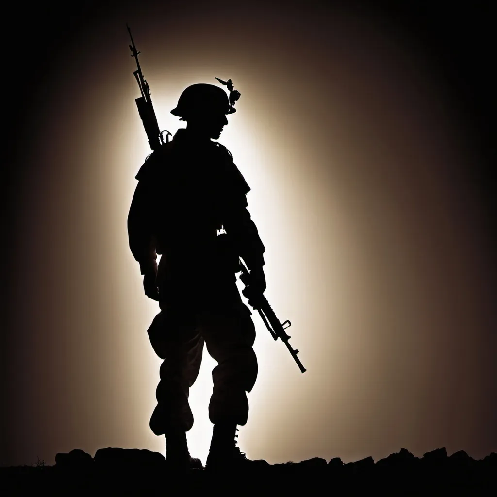 Prompt: Backlit photo of a lone soldier in full battle gear salute Silhouette, dramatic, artistic, shadowy