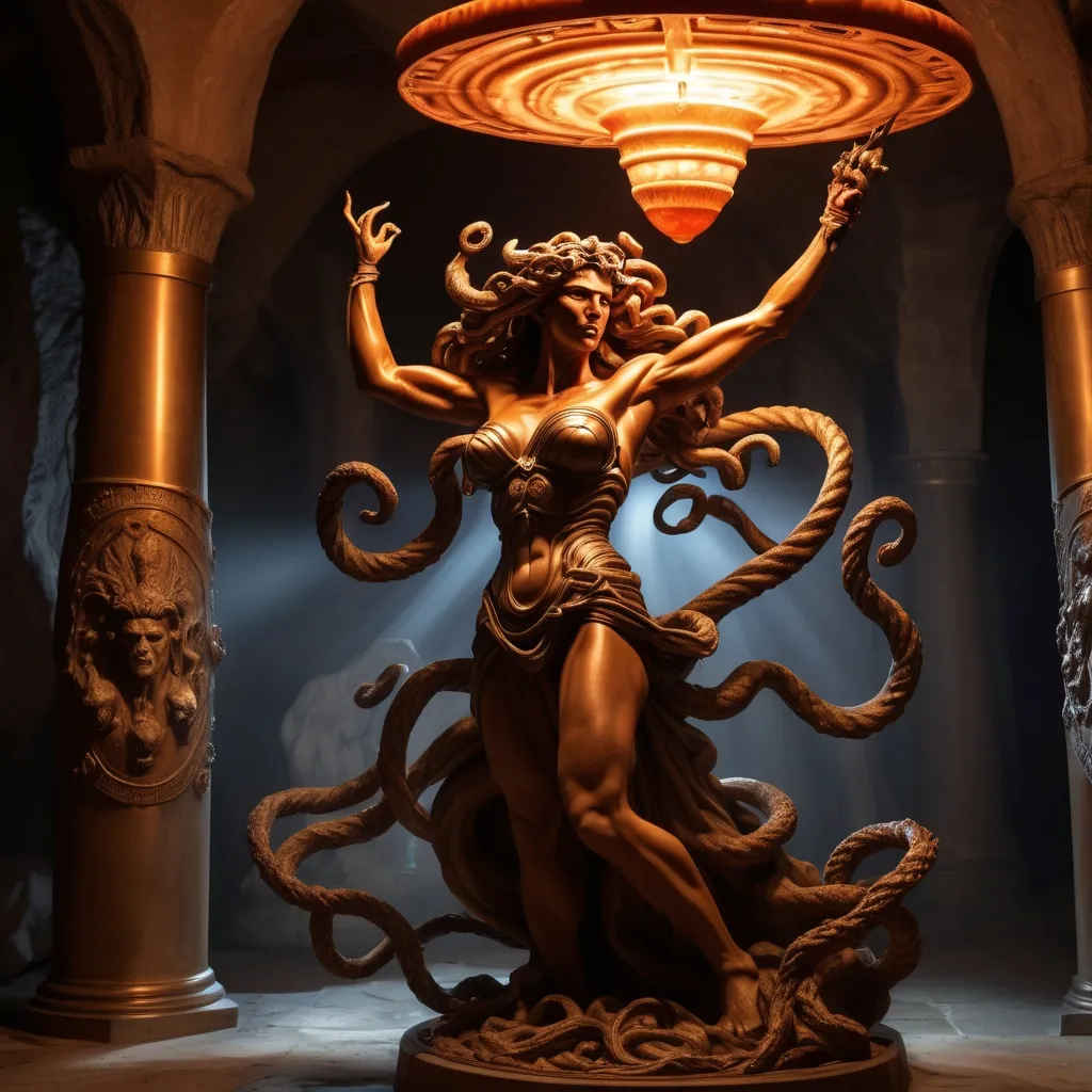 Prompt: Medusa epic and savage battle with giant muscle rippled Athena set in underground monastery lamp light  