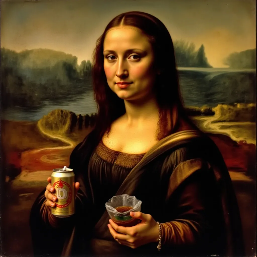 Prompt: Mona Lisa. Smoking a cigarette and holding a can of beer in right hand
 in original position with only two hands
 