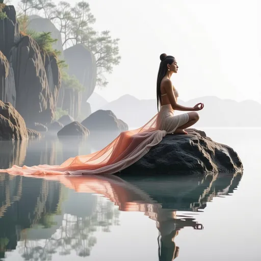 Prompt: A gorgeous. Lady dressed in a dreamy dress long flowing meditating on a large rock with a pond below her facing forward