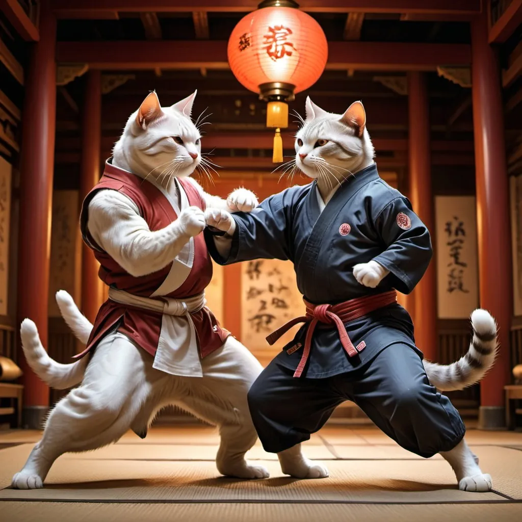 Prompt: Two muscular. Cats fighting each other. Dressed. In oriental Japanese. Martial. Arts gear set in old temple doing martial art moves in lamp lit light