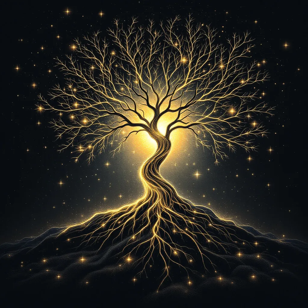 Prompt: Tree of life, growing from a' mothers womb stunning light painting, minimalistic design, elegant line art,  cosmic backdrop, high contrast, ethereal glow, soothing ambiance, artistic masterpiece, intricate details, flowing lines, peaceful mood, ultra-detailed, harmonious composition, sleek and modern aesthetic, visually striking arrangement.