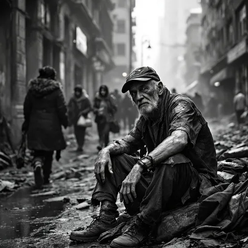 Prompt: Homeless Vietnam veteran on a grimy street, wearing dirty, ripped clothes, expressing hardship, surrounded by a cold, miserable atmosphere, rich people walking past indifferent, a young street girl dressed in similar tattered clothing, black and white palette emphasizing the stark contrast between lives, poignant and evocative scene, urban decay, emotional depth, high detail, 4K resolution.