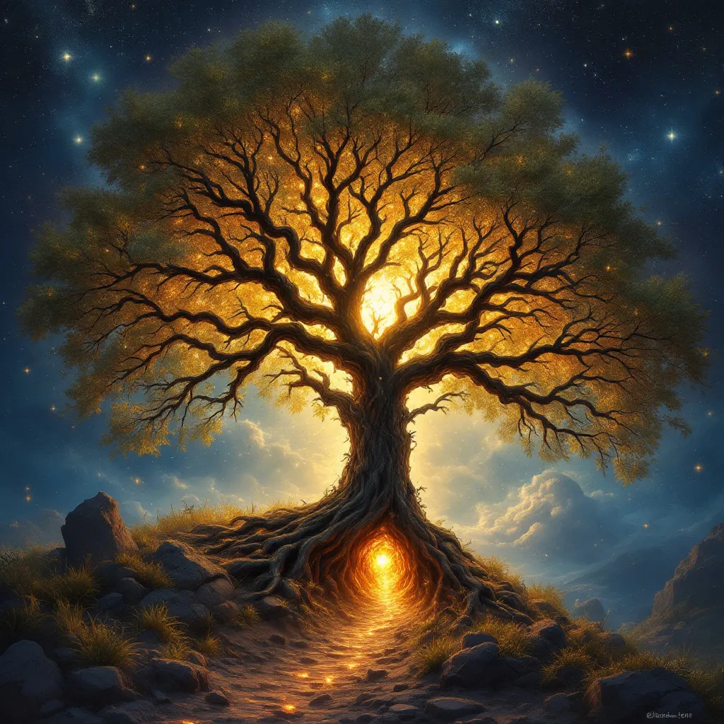 Prompt: The most epic , cosmic ,spiritual tree legendary in most fantasia lighting possible. Bringing awe and imaginations in one