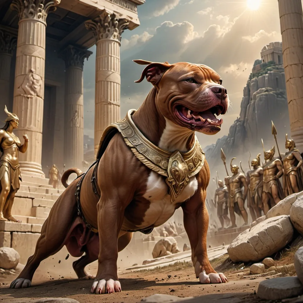 Prompt: A epic and colossal fight between a male Athena. Warrior. And giant  demon slobbery pit bull dog  Set in ancient Athans
