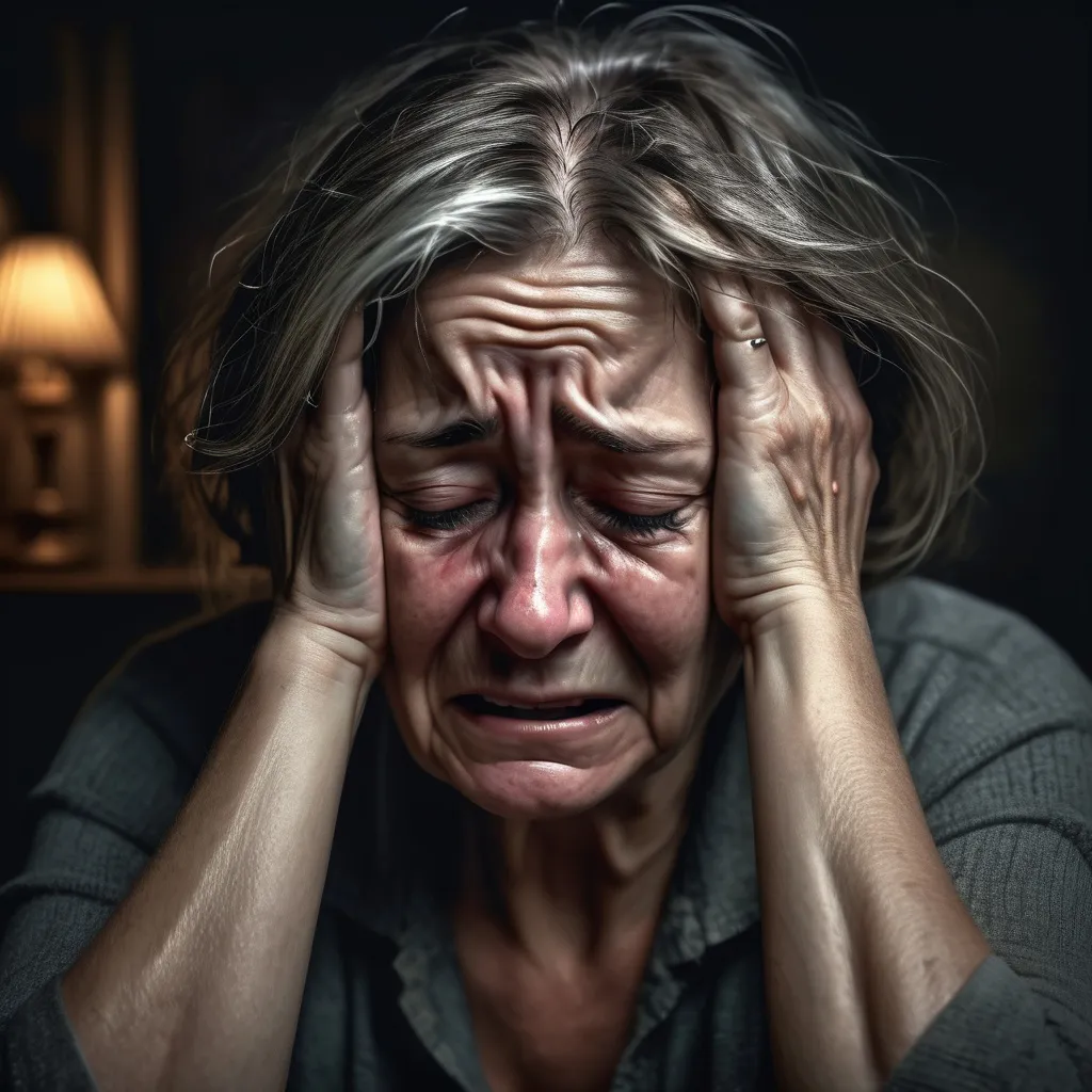 Prompt: depressed woman, aged 58, head in hands crying, expression of joy surrounded by an atmosphere of drunken happiness', gloomy lighting, soft shadows, heavy with emotion, detailed facial features showing fatigue, dark muted colour palette, evocative and somber ambiance, ultra-detailed, photorealistic style, highlighting the weight of his worries and unhappiness.