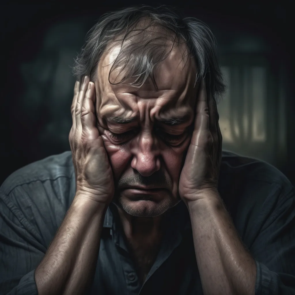 Prompt: depressed man, aged 58, head in hands crying, expression of sorrow, surrounded by an atmosphere of despair, gloomy lighting, soft shadows, heavy with emotion, detailed facial features showing fatigue, dark muted color palette, evocative and somber ambiance, ultra-detailed, photorealistic style, highlighting the weight of his worries and unhappiness.