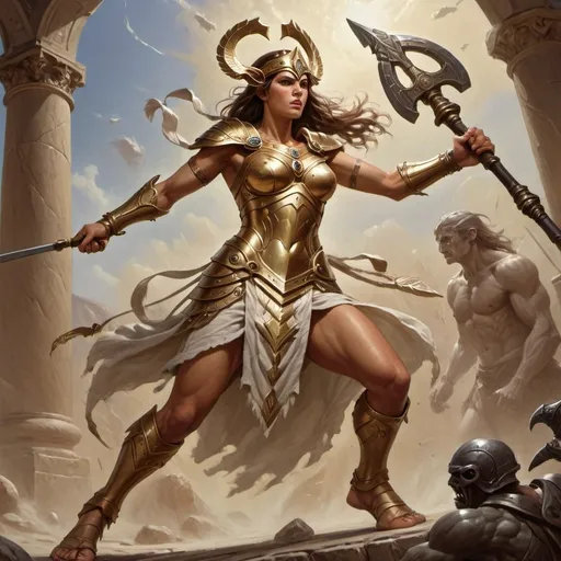 Prompt: A epic fight between a Athena. Warrior. And a monster. Set in ancient Athans